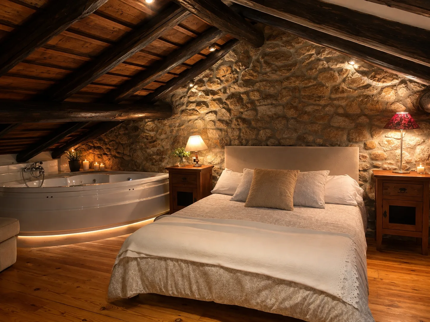 Habitación abuhardillada con vigas, pared de piedra y jacuzzi
