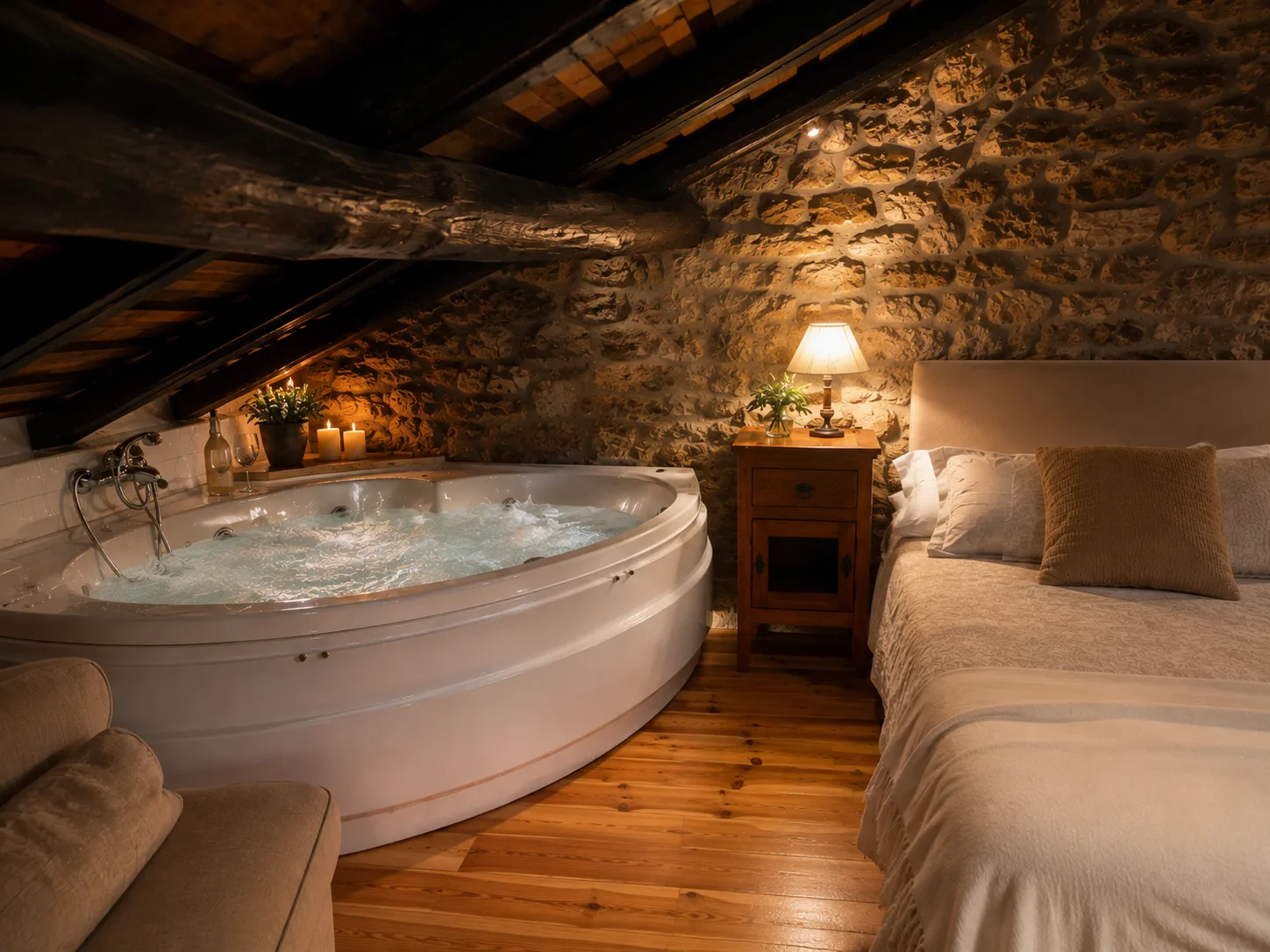 Jacuzzi de hidromasaje junto a la cama, con velas y muro de piedra