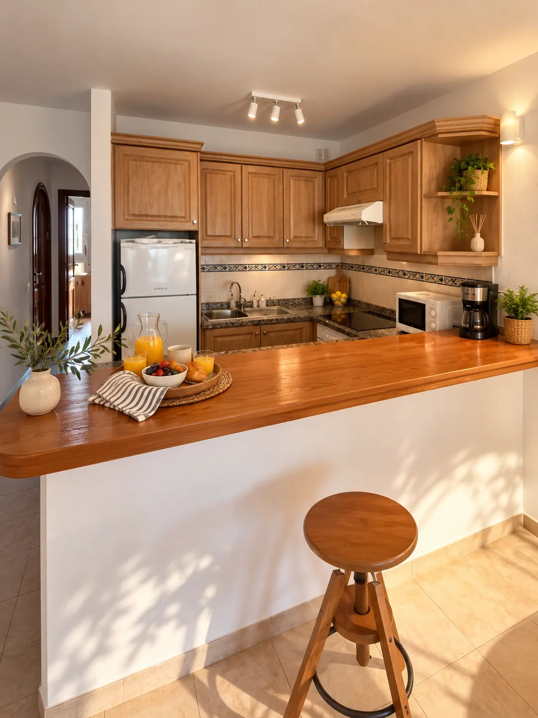 Cocina de Mango con barra de madera