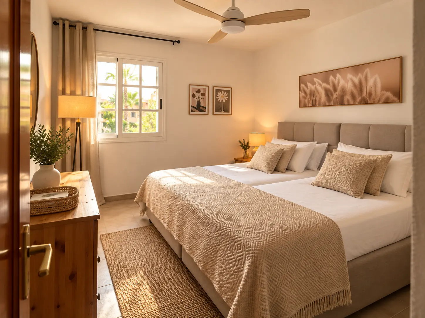 Dormitorio de Mango con ventilador de techo